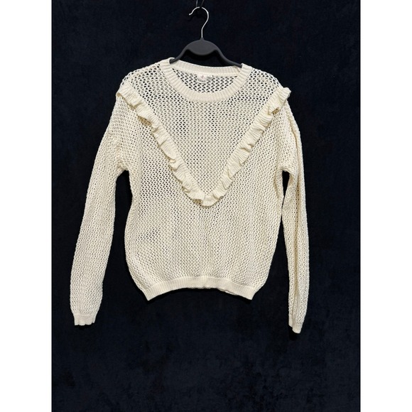 Ijoah Sweaters - IJOAH Cream Cotton Open Knit Ruffle Trim Sweater‎ SW5532 Small